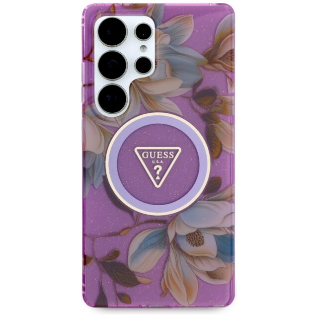 Case Guess Glitter Flowers Triangle Buttons MagSafe for Samsung Galaxy S25 Ultra purple - imagine 3