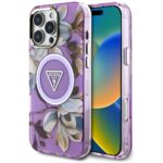 Case Guess Glitter Flowers Triangle Buttons MagSafe for iPhone 16 Pro purple