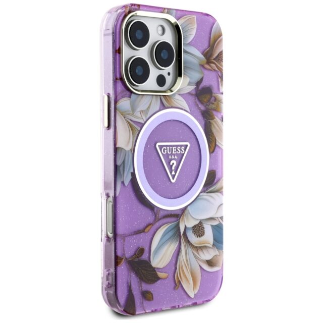 Case Guess Glitter Flowers Triangle Buttons MagSafe for iPhone 16 Pro Max purple - imagine 4