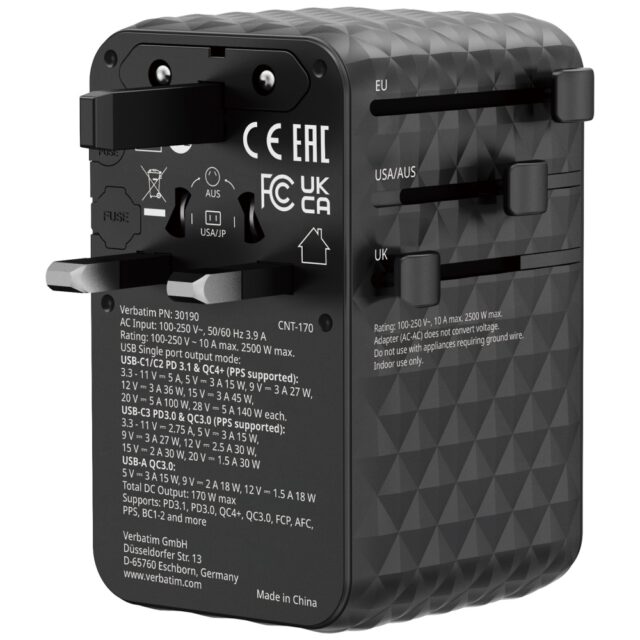 Verbatim Adapter podróżny EU/UK/US GaN    2xUSB-A/3xUSB-C PD 170W czarny 30190 - imagine 3