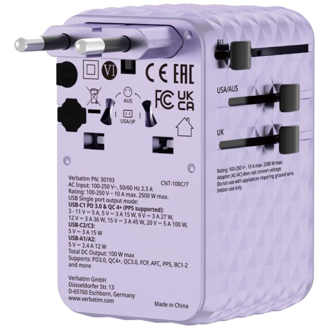 Verbatim Travel Adapter EU/UK/US GaN   2xUSB-C/2xUSB-A/1xUSB-C PD 100W purple 30193 - imagine 3