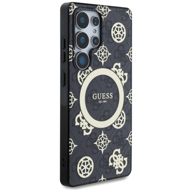 Case Guess 4G Background Gold Electroplated Peony Pattern MagSafe for Samsung Galaxy S25 Utra black - imagine 4