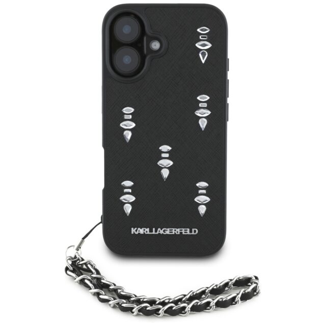 Case Karl Lagerfeld Saffiano Crystals w/Chain for iPhone 16 black - imagine 2