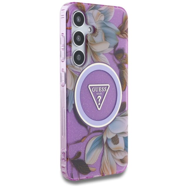 Case Guess Glitter Flowers Triangle Buttons MagSafe for Samsung Galaxy S25 purple - imagine 4