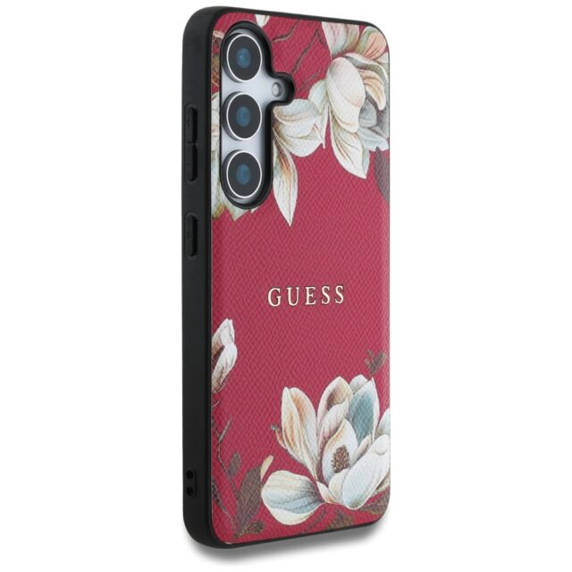 Case Guess Grained Printed Flower Pattern MagSafe for Samsung Galaxy S25 fuchsia - imagine 4