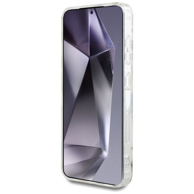 Case Guess Glitter Flowers Triangle Buttons MagSafe for Samsung Galaxy S25 white - imagine 5