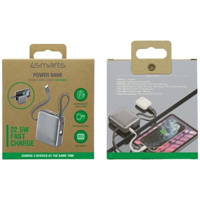 Powerbank 4smarts Pocket Dual Cord 10000mAh 22.5W with built-in USB-C cable 15cm gray - imagine 6