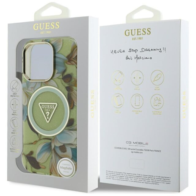 Case Guess Glitter Flowers Triangle Buttons MagSafe for iPhone 16 Pro Max green - imagine 8