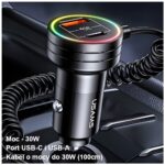 USAMS car charger 2xUSB-C 1xUSB-A C33 60W with spring cable Fast Charge black CC167CC01 (US-CC167) - imagine 10