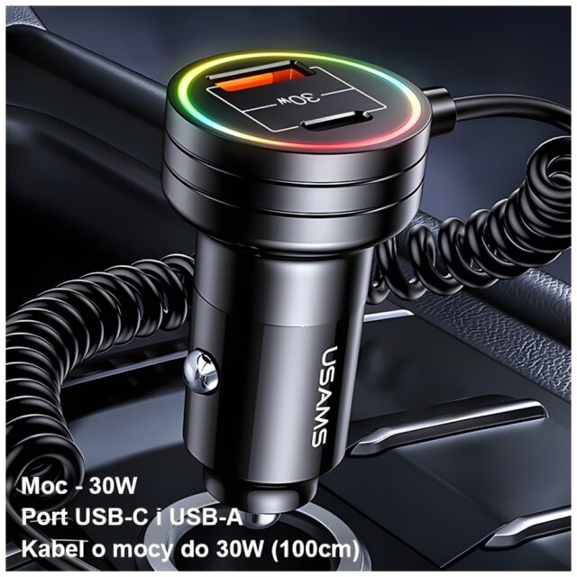USAMS car charger 2xUSB-C 1xUSB-A C33 60W with spring cable Fast Charge black CC167CC01 (US-CC167) - imagine 10