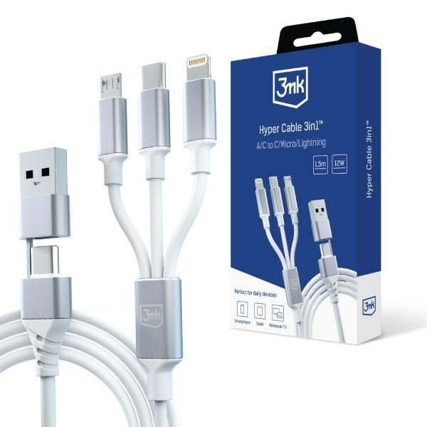 3MK Hyper Cable 3w1 USB-A/USB-C -USB-C/Micro/Lightning 1.5m White cable