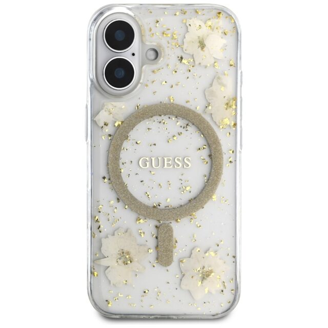Case Guess Resin Flowers Glitter MagSafe for iPhone 16 beige - imagine 3