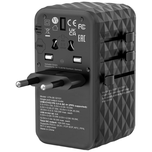 Verbatim Travel Adapter EU/UK/US GaN 2xUSB-A/2xUSB-C PD 100W UTA-06 black 32121 - imagine 2