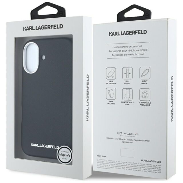 Case Karl Lagerfeld Saffiano Full Wrapped Elongated Metal Logo MagSafe for iPhone 16 black - imagine 8
