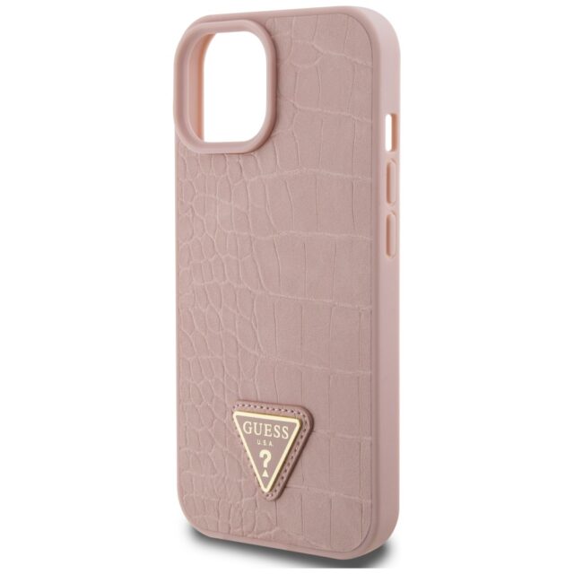 Guess GUHCP15SPCRTHCP iPhone 15 / 14 / 13 6.1" pink hardcase Croco Triangle Metal Logo - imagine 6