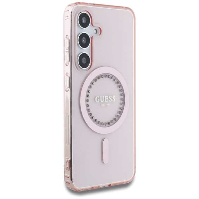 Case Guess Rhinestones Printed Classic Logo MagSafe Samsung Galaxy S25 pink - imagine 4
