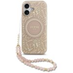 Guess IML Flowers Electro Pearl Strap MagSafe Case for iPhone 17 Pink