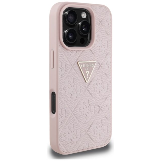 Case Guess Hot Stamp 4G Pattern Triangle Metal Logo for iPhone 16 Pro Max pink - imagine 4