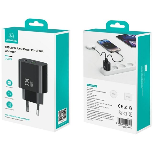 Wall Charger USAMS CC315 T65 25W   1xUSB-C 1xUSB-A Fast Charging black - imagine 9