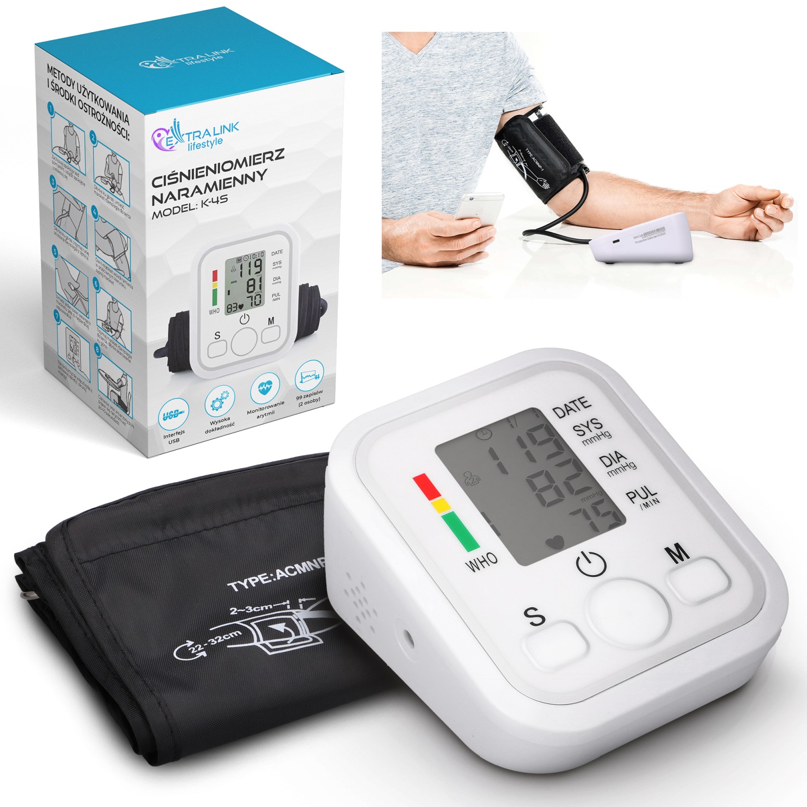 cps-b6527ca078d11df6f747b89faf6fad1b-2025-12-05-12-35-57 Extralink Smart Life K-4S Arm Blood Pressure Monitor, White - imagine 1