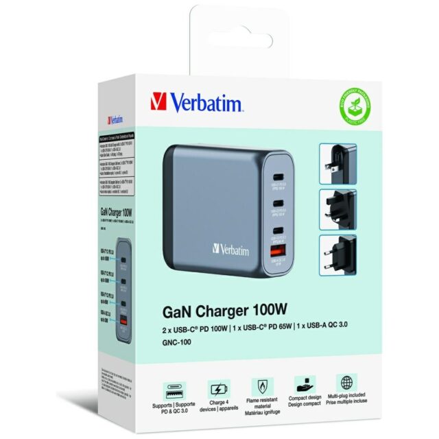 Verbatim GaN 100W Wall Charger 3xUSB-C/USB-A + EU/UK/US Adapter GNC-100 32202 - imagine 6