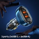 USAMS car charger 2xUSB+1xUSB-C 125W Fast Charge transparent blue CC158CC02 (US-CC158) - imagine 3