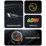 USAMS car charger 2xUSB-C 1xUSB-A C33 60W with spring cable Fast Charge black CC167CC01 (US-CC167) - imagine 9