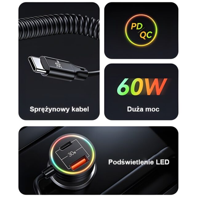 USAMS car charger 2xUSB-C 1xUSB-A C33 60W with spring cable Fast Charge black CC167CC01 (US-CC167) - imagine 9