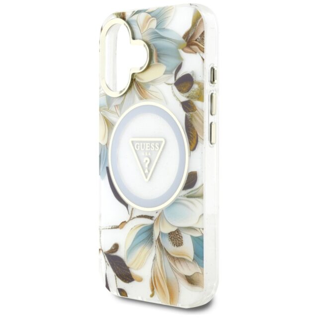 Case Guess Glitter Flowers Triangle Buttons MagSafe for iPhone 16 white - imagine 6