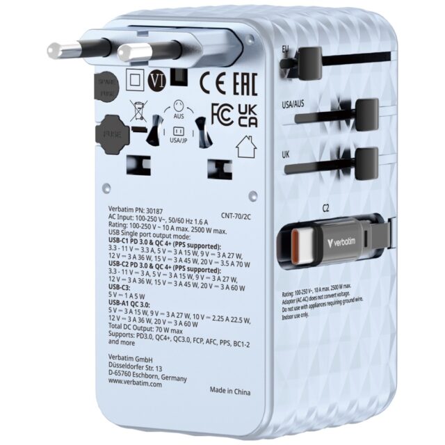 Verbatim Travel Adapter EU/UK/US GaN   1xUSB-C/1xUSB-A/2xUSB-C PD 70W blue 30187 - imagine 2