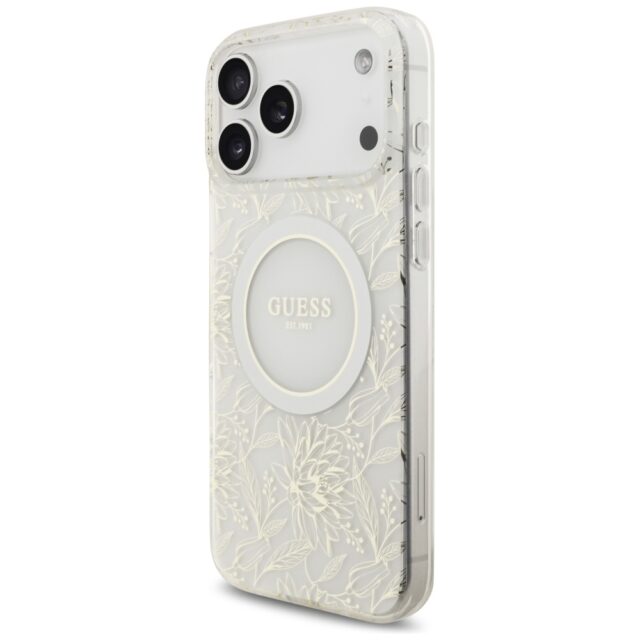 Guess IML Flowers Electro Pearl Strap MagSafe Case for iPhone 17 Pro Max White - imagine 3