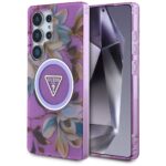 Case Guess Glitter Flowers Triangle Buttons MagSafe for Samsung Galaxy S25 Ultra purple