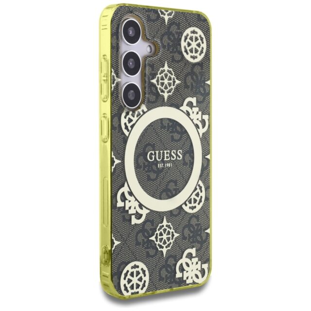 Case Guess 4G Background Gold Electroplated Peony Pattern MagSafe forSamsung Galaxy S25 brown - imagine 4