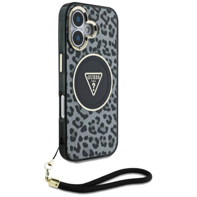 Case Guess HC IML Leopard Triangle Cord Strap for iPhone 16 MagSafe black - imagine 3