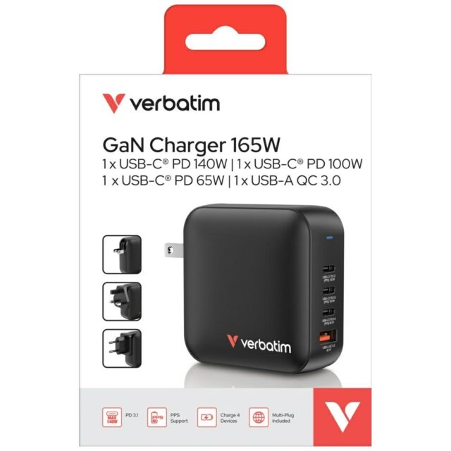 Wall Charger Verbatim Mini GaN 165W 3xUSB-C PD/1x USB-A QC black 32216 - imagine 9