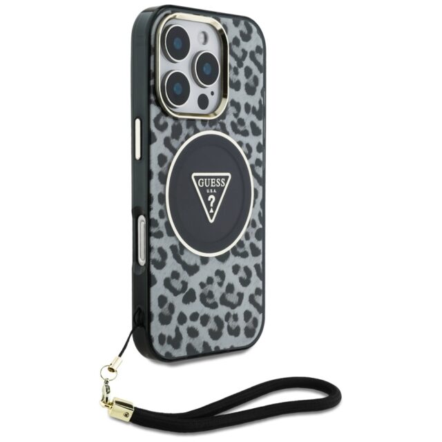 Case Guess HC IML Leopard Triangle Cord Strap for iPhone 16 Pro MagSafe black - imagine 3