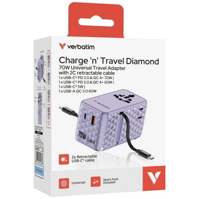 Verbatim Travel Adapter EU/UK/US GaN   1xUSB-C/1xUSB-A/2xUSB-C PD 70W purple 30188 - imagine 5