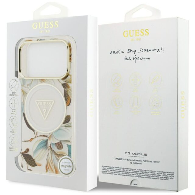 Guess IML Glitter Flowers Triangle MagSafe Case for iPhone 17 Pro White - imagine 8