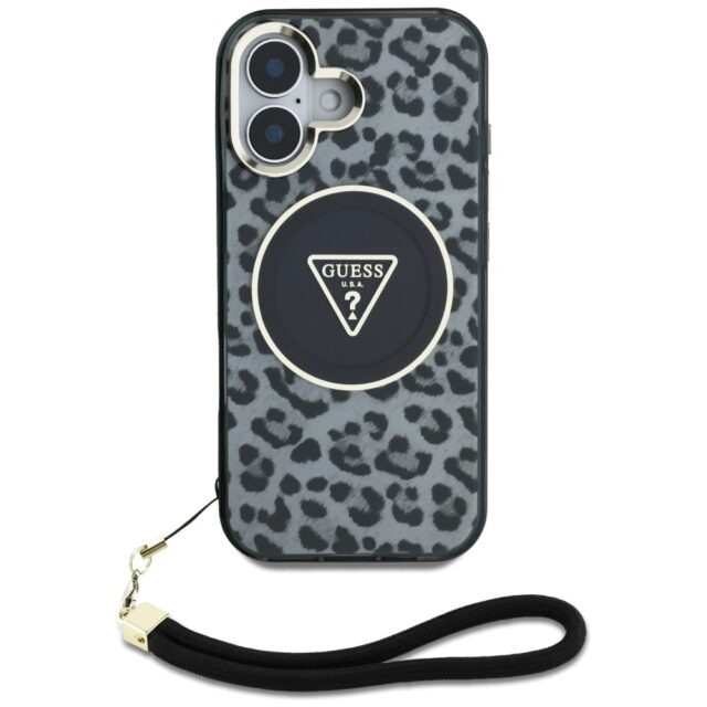 Case Guess HC IML Leopard Triangle Cord Strap for iPhone 16 MagSafe black - imagine 2