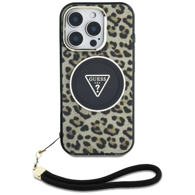 Case Guess HC IML Leopard Triangle Cord Strap for iPhone 16 Pro Max MagSafe brown - imagine 2
