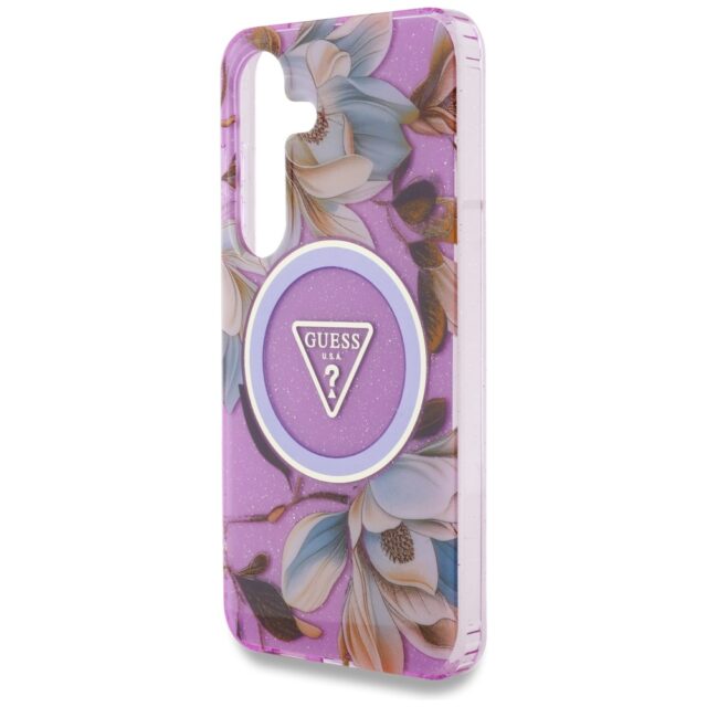 Case Guess Glitter Flowers Triangle Buttons MagSafe for Samsung Galaxy S25 purple - imagine 6