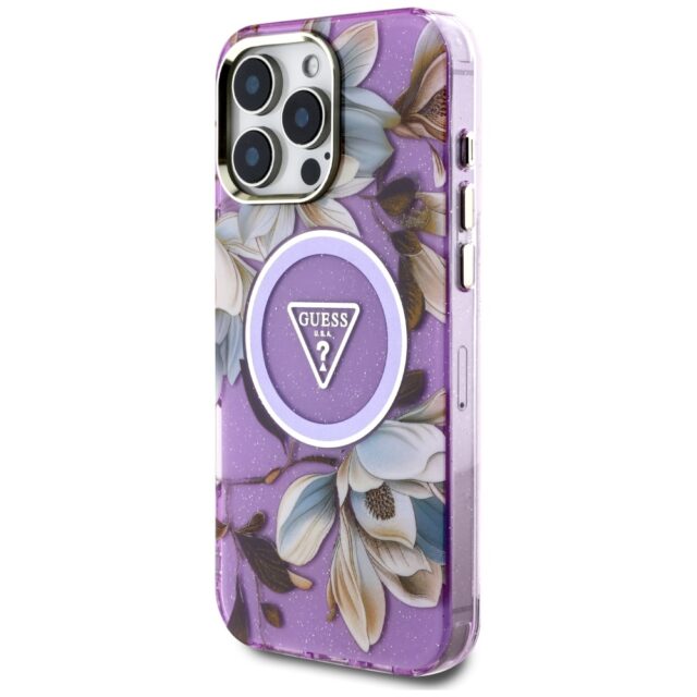 Case Guess Glitter Flowers Triangle Buttons MagSafe for iPhone 16 Pro purple - imagine 2