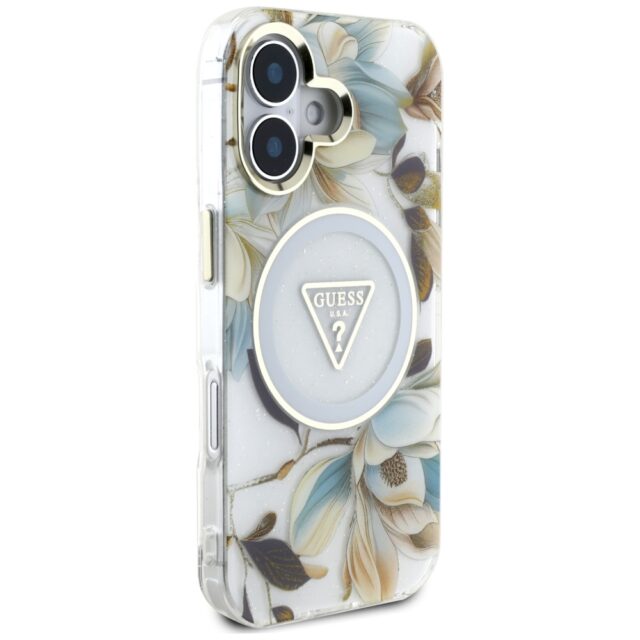 Case Guess Glitter Flowers Triangle Buttons MagSafe for iPhone 16 white - imagine 4