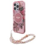 Guess GUHMP16LHFWBRCESP iPhone 16 Pro 6.3" pink hardcase IML Flowers With Pearl Strap MagSafe
