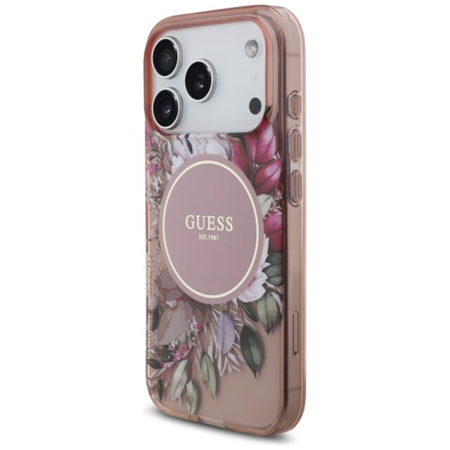 Guess IML Flowers Pearl Strap MagSafe Case for iPhone 17 Pro Pink - imagine 3