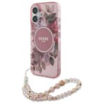 Guess GUHMP16SHFWBRCESP iPhone 16 6.1" pink hardcase IML Flowers With Pearl Strap MagSafe