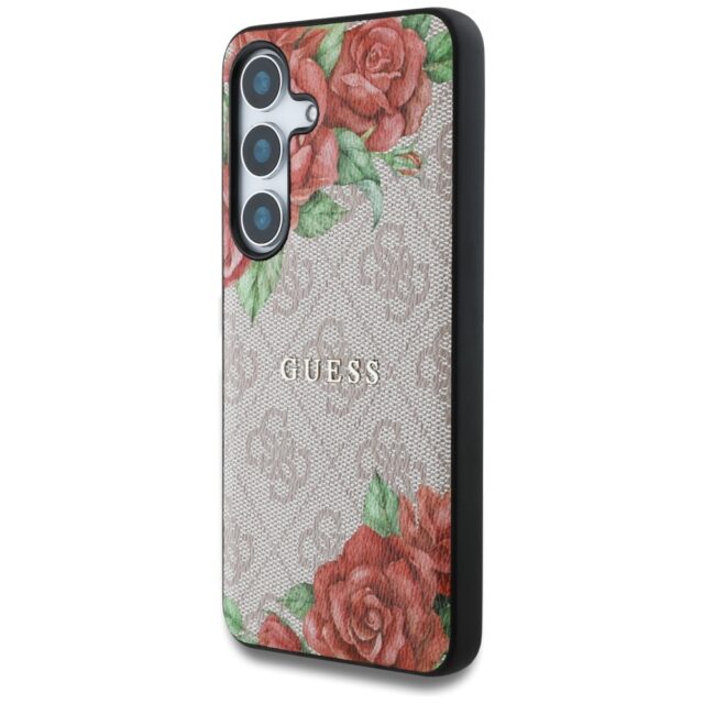 Guess Leather 4G Flowers Print Metal Classic Logo MagSafe Samsung Galaxy S25 case pink - imagine 2