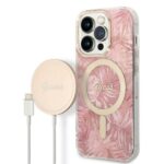 Guess Set GUBPP14LHJEACSP Case+Charger iPhone 14 Pro 6,1" pink hard case Jungle MagSafe