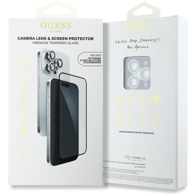 Set 2-in-1 Guess BP Rhinestone screen and camera lens glass for iPhone 16 Pro Max silver - imagine 4