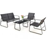 Black Forest Garden Furniture Set, Texteline Two Chairs + Lounger + Folding Table Black